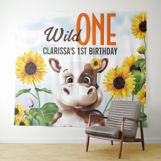 Cow Sunflower Girl First Birthday Tapestry (In Situ (Horizontal))