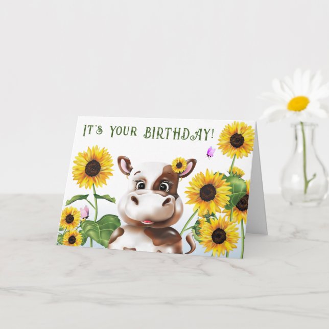 Cow Sunflower Kids Birthday Card (Small Plant)