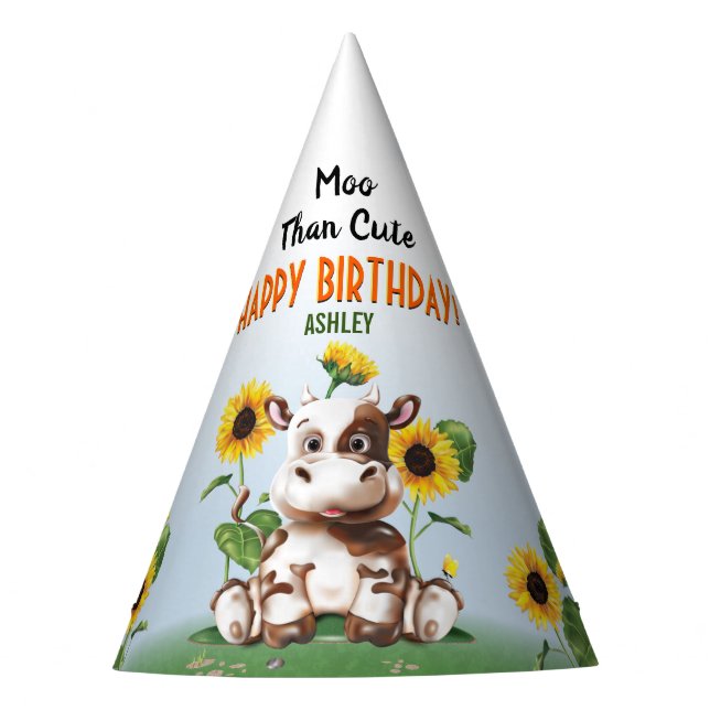 Cow Sunflower Kids Birthday Party Hat (Front)