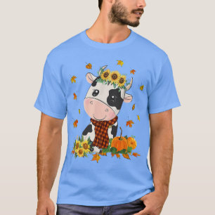 Cow Sunflower Orange Milk Cow Autumn Leaves Pumpki T-Shirt