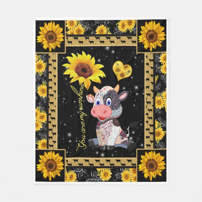 Cow Sunflower You Are My Sunshine Fleece Blanket (Front)