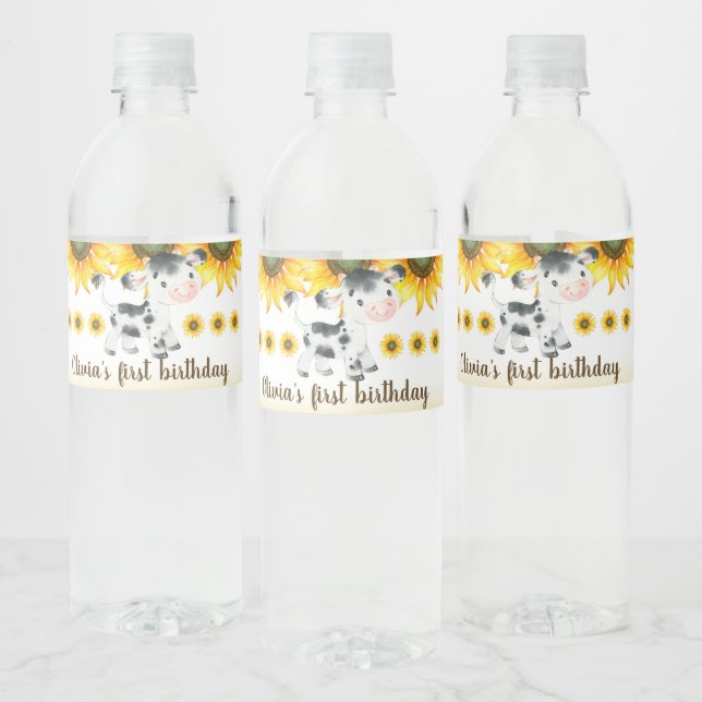 Cow & sunflowers girl birthday water bottle label. water bottle label (Bottles)