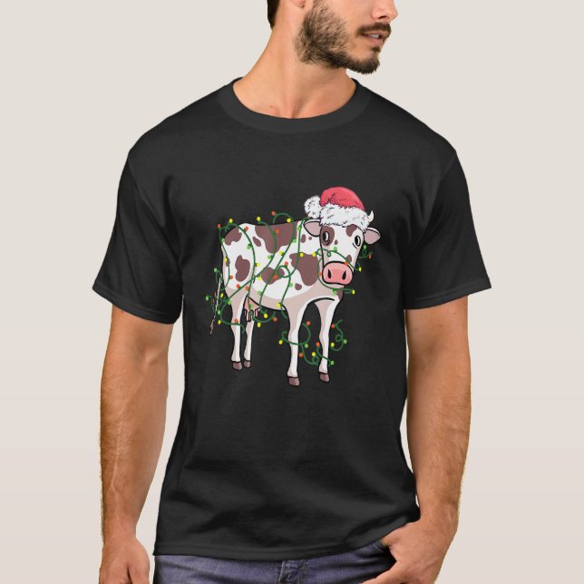 Cow Tangled Up In Christmas Lights Santa T-Shirt (Front)