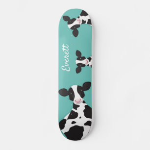 Cow Teal Black White Animal Name Skateboard