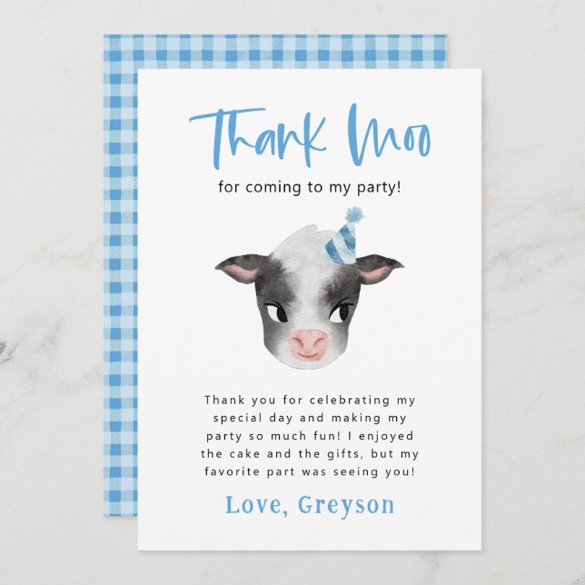 Cow Thank Moo Boy Birthday Party   Thank You Card (Front/Back)