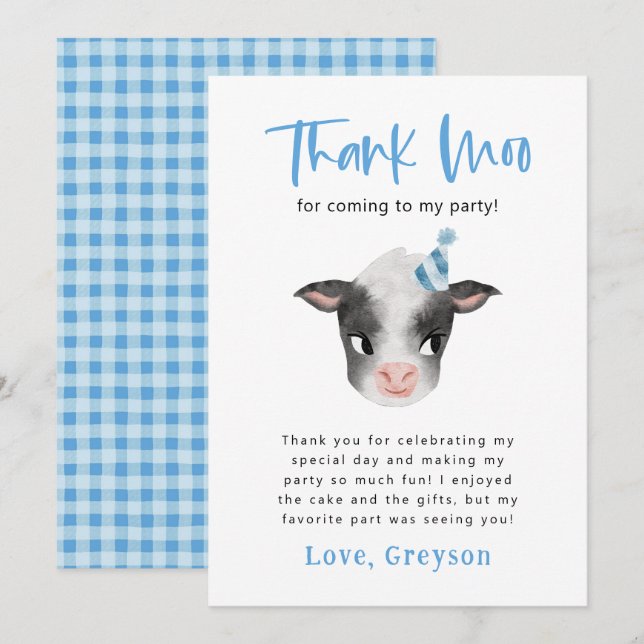 Cow Thank Moo Boy Birthday Party   You Card (Front/Back)