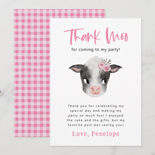 Cow Thank Moo Girl Birthday Party   Thank You Card (Front/Back)