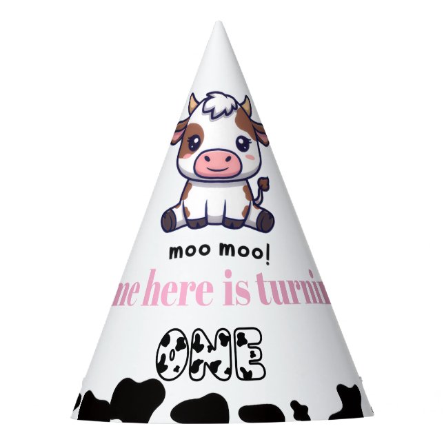 Cow Theme First Birthday Party Hat (Front)