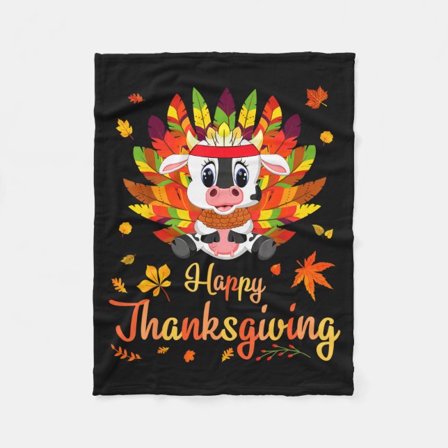 Cow Turkey Costume Heart Happy Thanksgiving Day Da Fleece Blanket (Front)