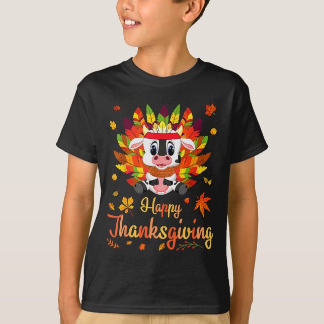 Cow Turkey Costume Heart Happy Thanksgiving Day Da T-Shirt (Front)
