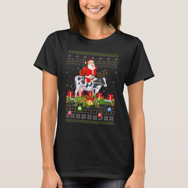 Cow   Ugly Santa Riding Cow Christmas T-Shirt (Front)