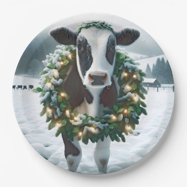 Cow Wearing a Christmas Wreath Paper Plate (Front)
