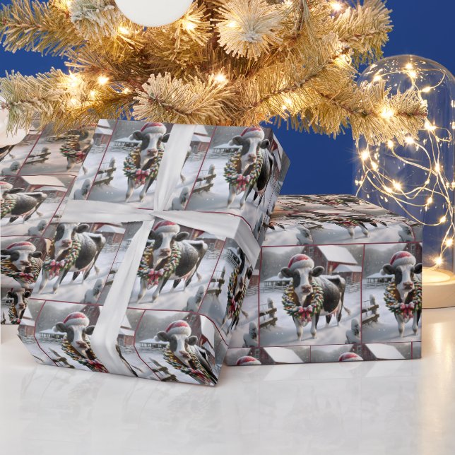 Cow Wearing Christmas Wreath Wrapping Paper (Holidays)