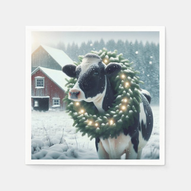 Cow Wearing Glowing Christmas Wreath Napkin (Front)