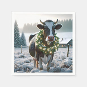 Cow Wearing Glowing Christmas Wreath Napkin