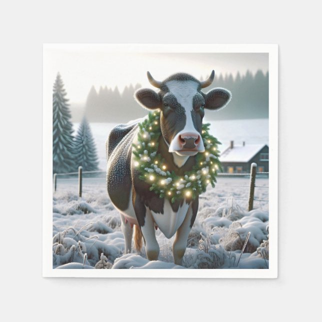 Cow Wearing Glowing Christmas Wreath Napkin (Front)
