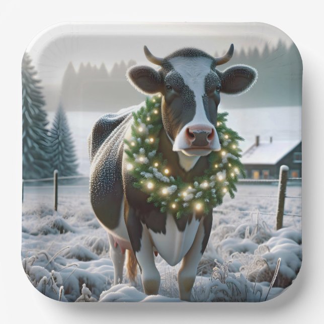 Cow Wearing Glowing Christmas Wreath Paper Plate (Front)