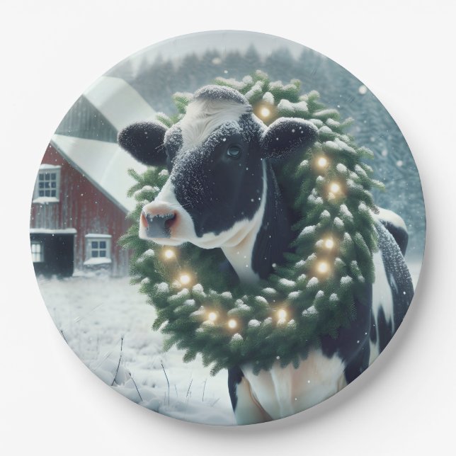 Cow Wearing Glowing Christmas Wreath Paper Plate (Front)