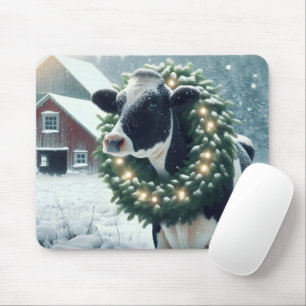 Cow Wearing Lighted Christmas Wreath Mouse Mat