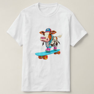 Cow wearing roller skates on skateboard T-Shirt