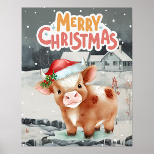Cow wearing santa hat on winter night view poster