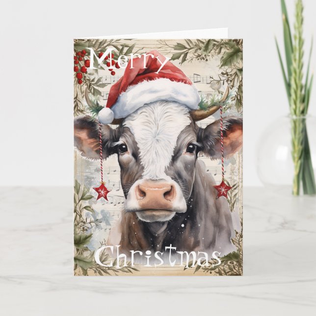 Cow Winter Christmas Watercolor Card (Front)