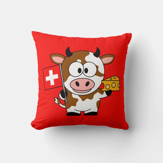 Cow with cheese and Swiss flag  Cushion (Front)