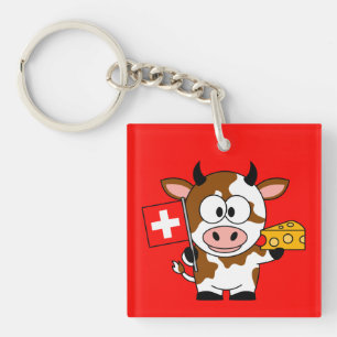 Cow with cheese and Swiss flag Key Ring