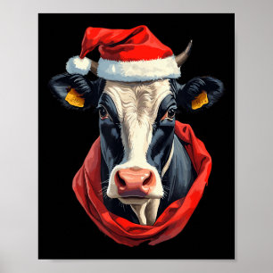 Cow With Christmas Hat Funny Cute Xmas Holstein Co Poster