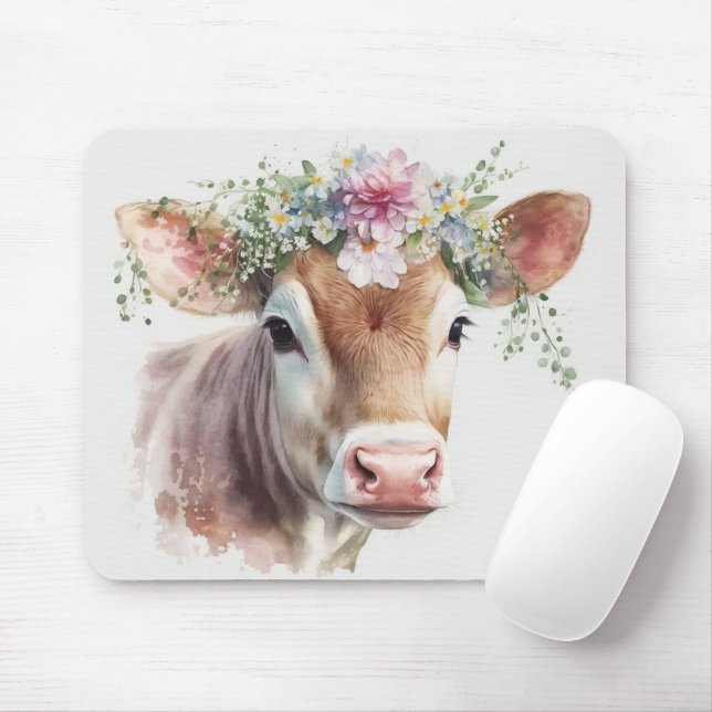 Cow with Floral Headpiece  Mouse Mat (With Mouse)