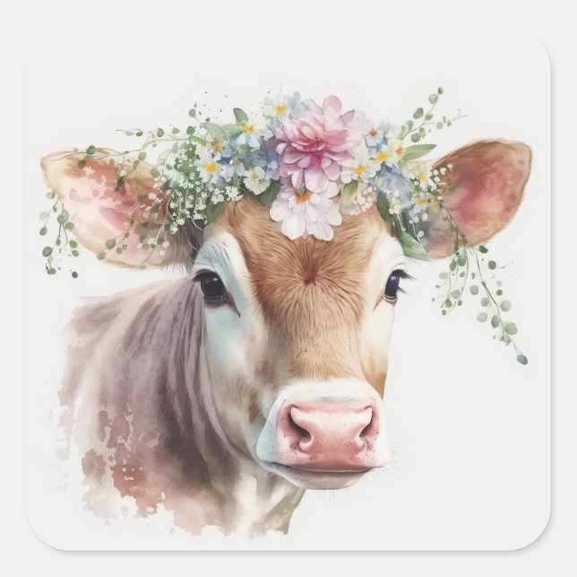 Cow with Floral Headpiece  Square Sticker (Front)