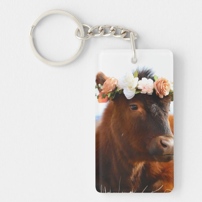 Cow with Flower Crown Keychain (2 sided) (Front)