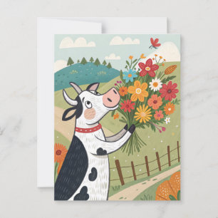 Cow with flowers funny and cute postcard