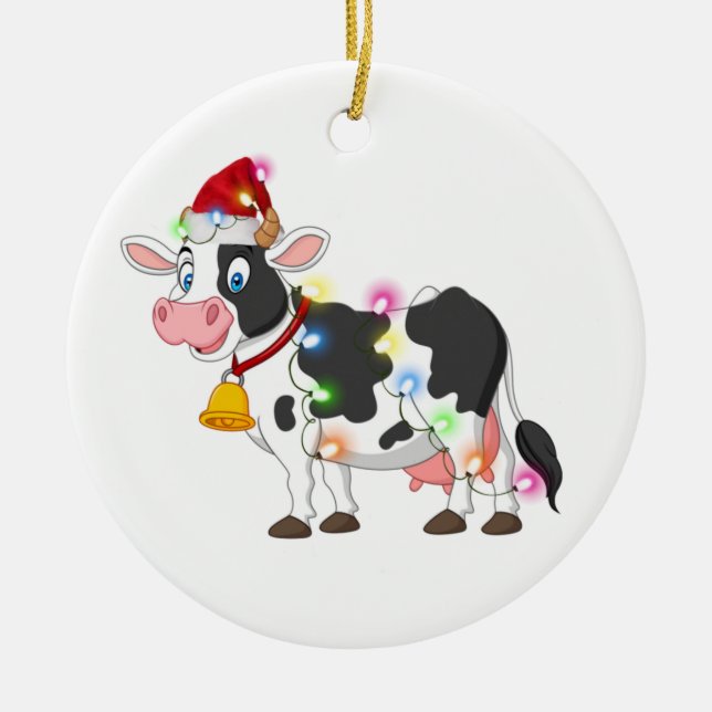 Cow With Hat Scaft Christmas Ceramic Tree Decoration (Front)