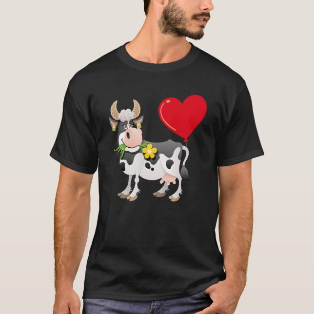 Cow With Heart Balloon Valentines Day Love Boys T-Shirt (Front)