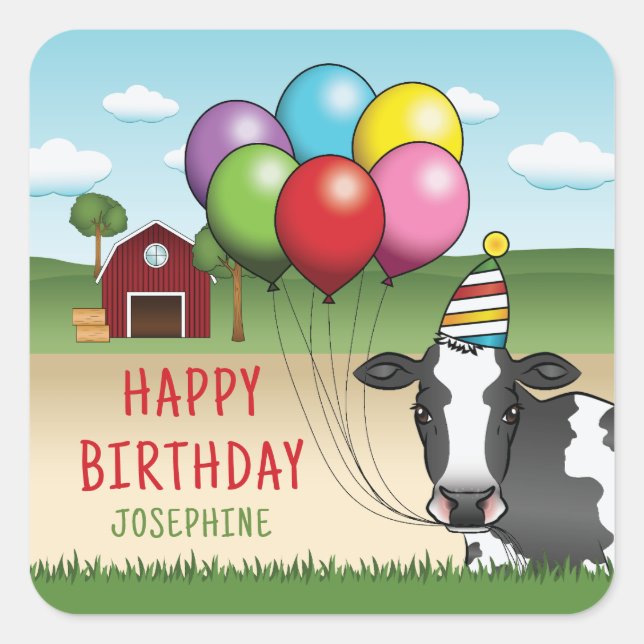 Cow With Party Hat And Balloons Kid's Birthday Square Sticker (Front)