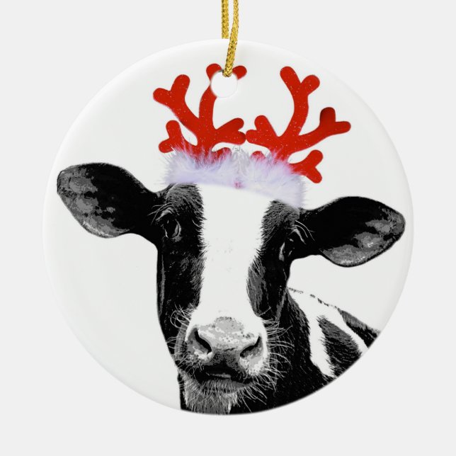 Cow with Reindeer Antlers Ceramic Tree Decoration (Front)