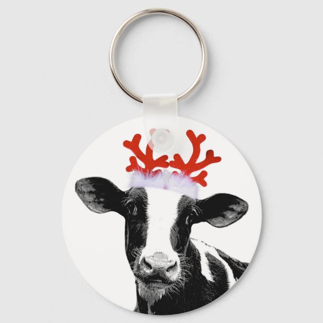 Cow with Reindeer Antlers Key Ring (Front)