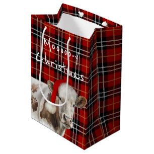 Cow With Santa Cap on Tartan Plaid Medium Gift Bag