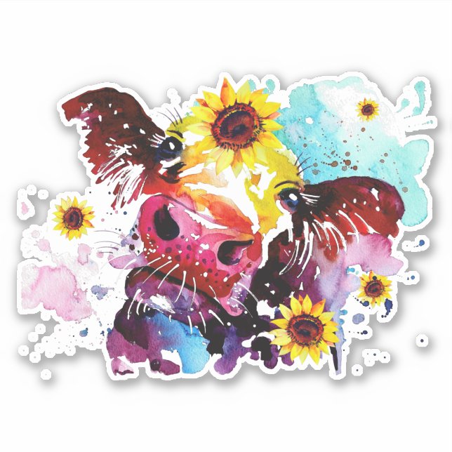 Cow with Sunflowers Custom-Cut Vinyl Sticker (Front)
