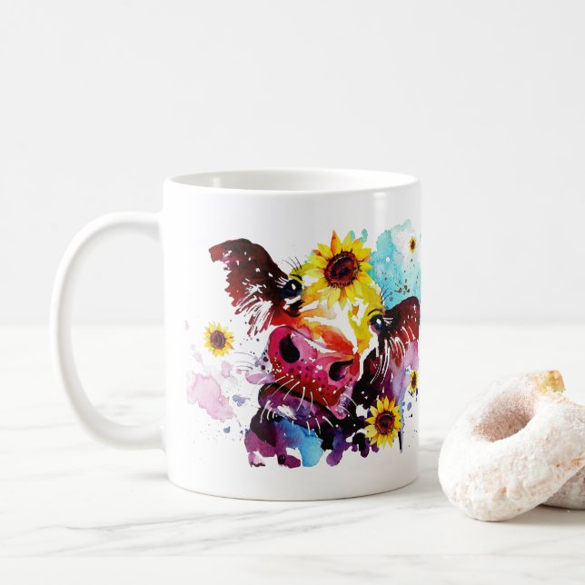 Cow with Sunflowers Personalised Watercolor  Coffee Mug (With Donut)