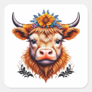 Cow with Yellow Sunflower Square Sticker