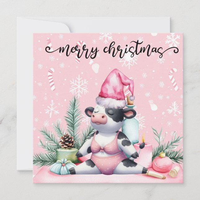  Cow Yoga  Pink  Christmas Decoration  Holiday Card (Front)