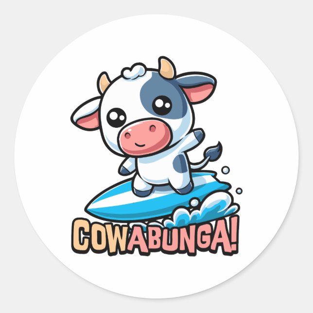 Cowabunga! Cute Surfing Cow Pun Classic Round Sticker (Front)
