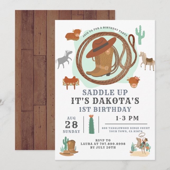 Cowboy 1st Birthday Invitation (Front/Back)