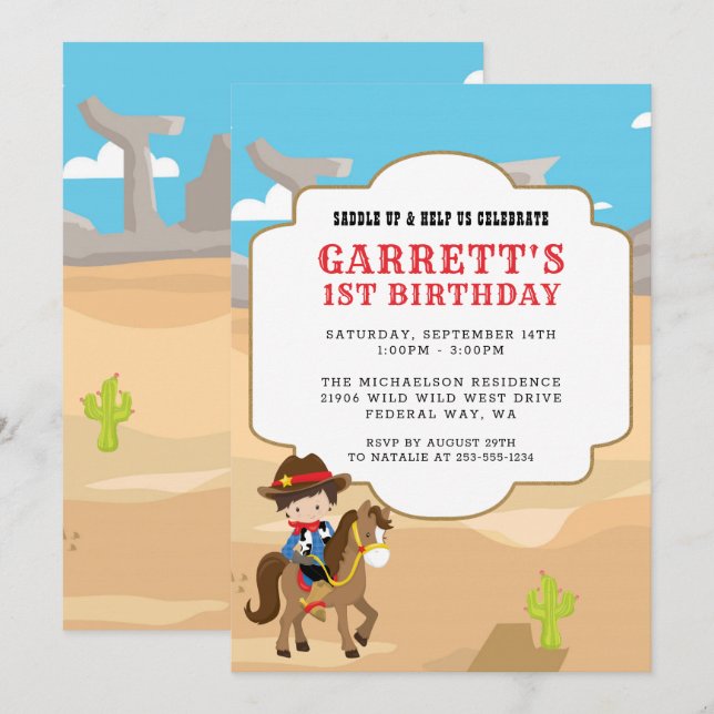 Cowboy 1st Birthday Party Invitation (Front/Back)