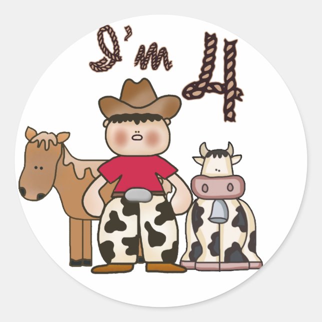 Cowboy  4th Birthday Classic Round Sticker (Front)