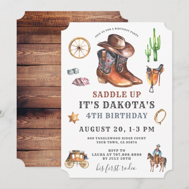 Cowboy 4th Birthday Invitation (Front/Back)