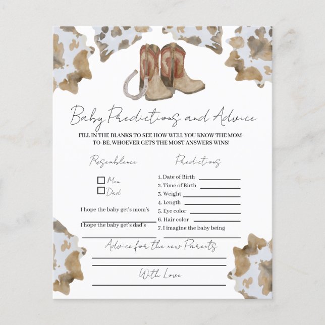 Cowboy Advice for new Parents Game. (Front)