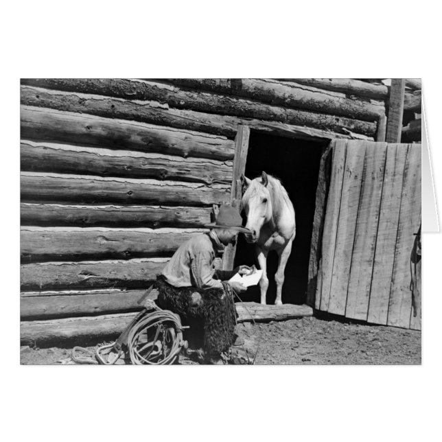 Cowboy and a horse looking at a letter (Front Horizontal)